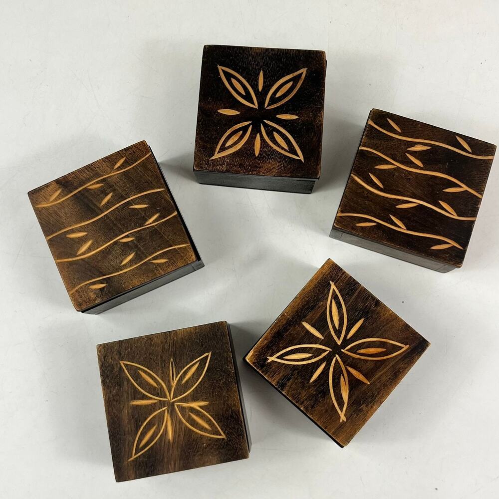 Safari Trinket Boxes Lot of 5 Vtg Hand Carved Wood Floral Vine Tribal Decor Leaf